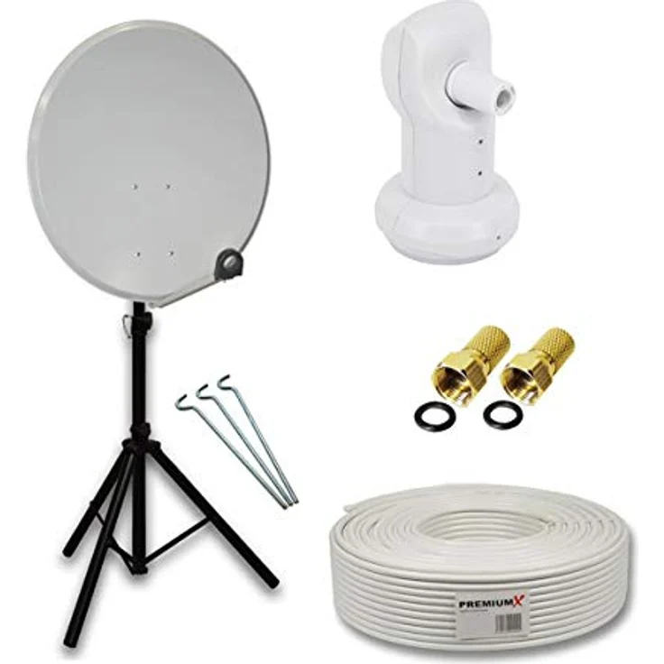 PremiumX PXA80 SAT Anlage, 80 cm Aluminium Antenne mit Single LNB, wetterfest und korrosionsgeschützt, Dreibein Stativ – Bild 1