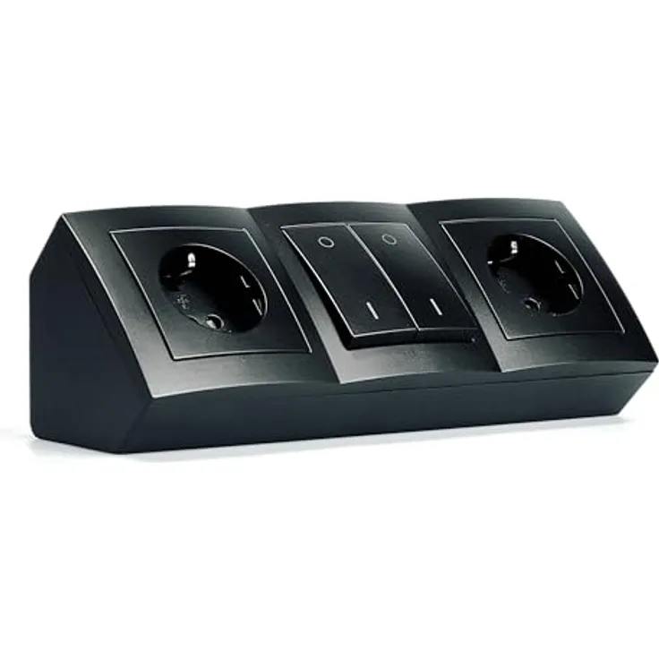 McPower Steckdosenblock Unterbausteckdose | Flair | 2X Schutzkontaktsteckdosen + 1x Schalter, 230V~ / 16A, Aufbau, schwarz matt, gewinkelte Rückseite