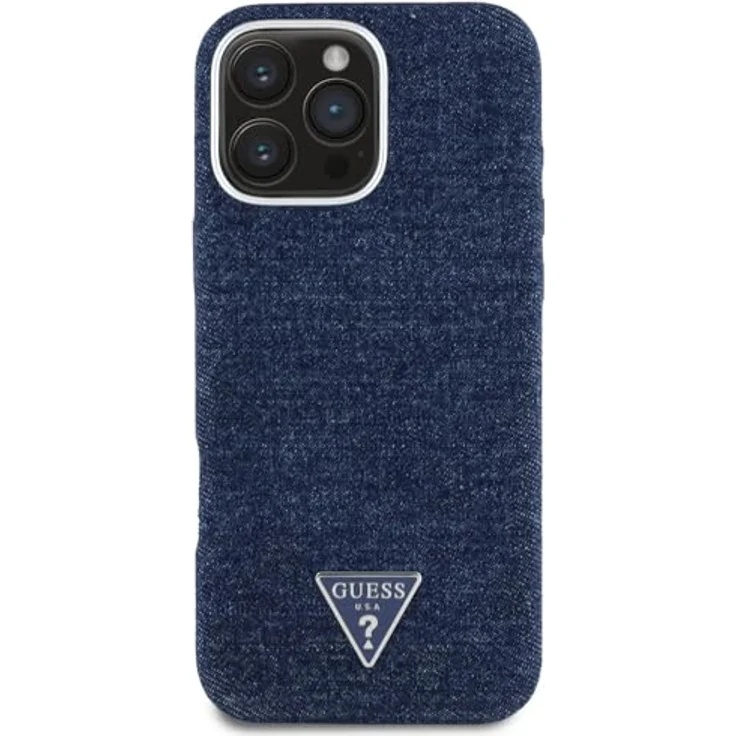 CG MOBILE Guess Denim Triangle Logo Hardcase-Hülle für iPhone 16 Pro, kompatibel mit MagSafe, Blau, PC/Denim/Aluminium/Mikrofaser – Bild 3
