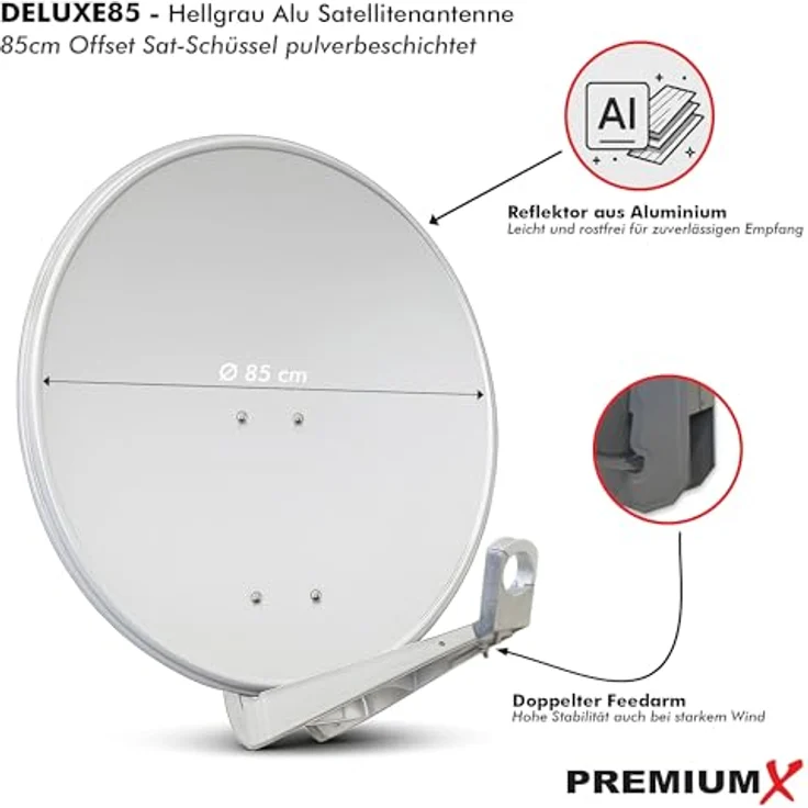 PremiumX DELUXE85 Satellitenantenne 85 cm, Aluminium, hellgrau, hoher Gewinn von 39,5 dB, ideal für schwache Signale – Bild 2