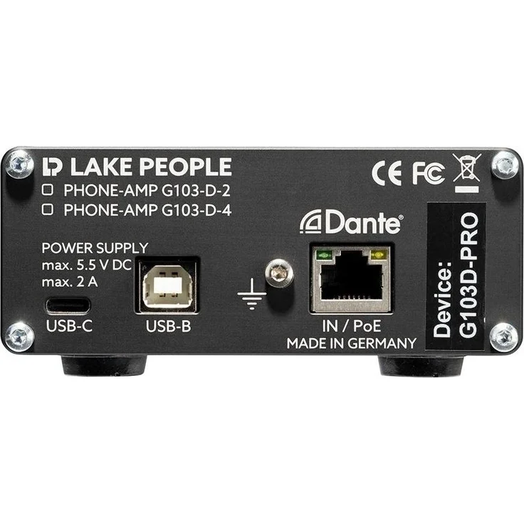 Lake People Phone-Amp G103-D4 Dante, Kopfhörerverstärker mit 24-Bit/192-kHz D/A-Wandler, Gain-Schalter, zwei Stereoverstärkern und PoE-Stromversorgung