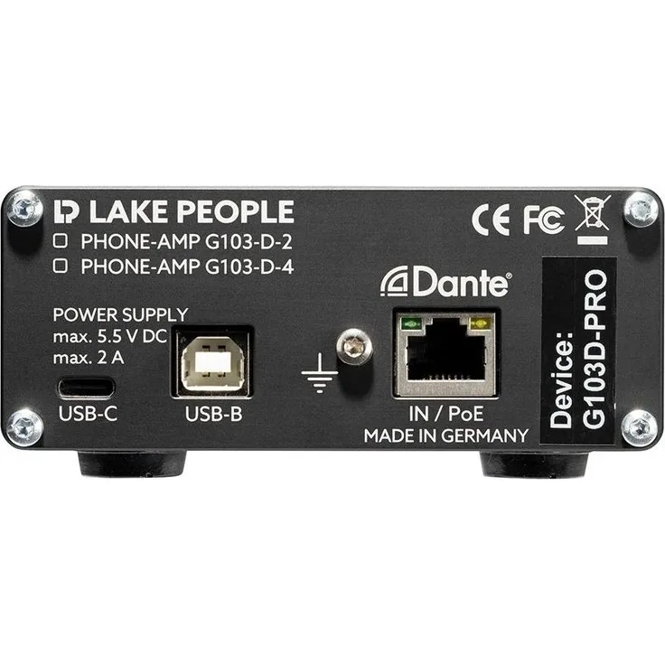 Lake People Phone-Amp G103-D4 Dante, Kopfhörerverstärker mit 24-Bit/192-kHz D/A-Wandler, Gain-Schalter, zwei Stereoverstärkern und PoE-Stromversorgung