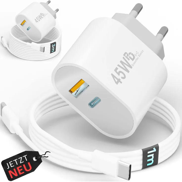GreenHec 45W USB-C & USB-A Schnellladegerät, GaN-Technologie Netzteil mit 60W Kabel für Smartphone, iPad, iPhone, Samsung - Schnellladegerät mit Überhitzungsschutz