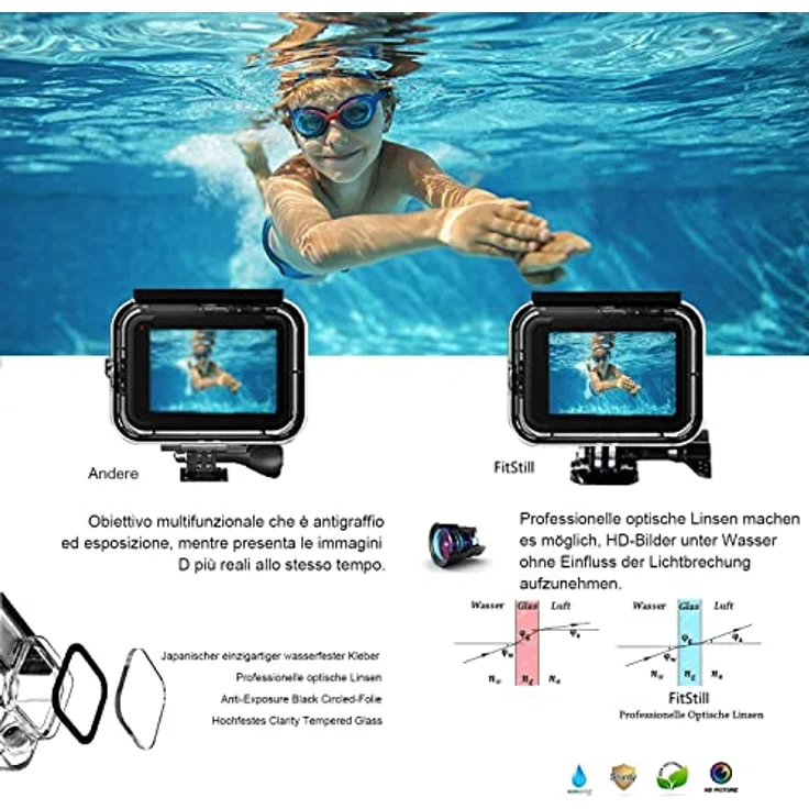 FiTSTILL 60M Wasserdichtes Gehäuse für GoPro Hero 13/12/11/10/9 Black, Schützende Unterwasser-Tauchschale mit Halterungszubehör und optischer Glaslinse – Bild 4