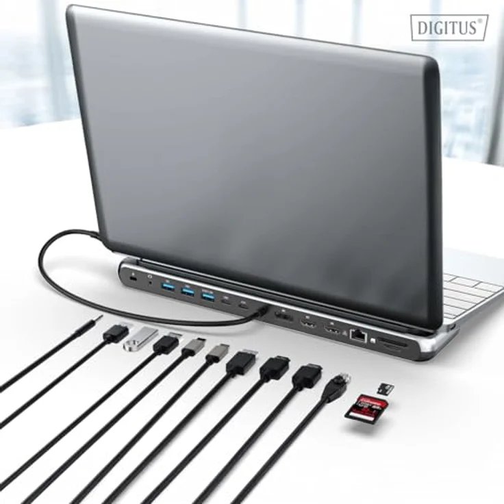 DIGITUS USB-C Docking Station 12-Ports, 2x HDMI, 1x DP UHD 8K 30Hz, 2x USB-A 3.2 Gen2, 1x Typ-C 3.2 Gen2, 1x Typ-A 3.2 Gen1, RJ45, Kartenleser, 3,5mm Audio, Grau – Bild 5