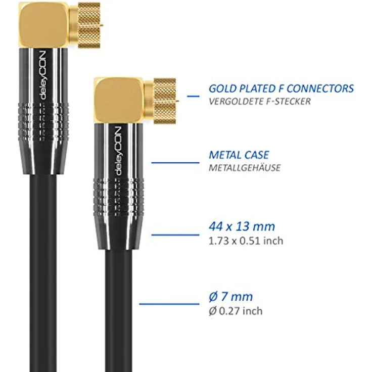deleyCON 1m SAT Antennenkabel PREMIUM HDTV Satellitenkabel gewinkelt Koaxialkabel - F-Stecker (90° Grad) zu F-Stecker (90° Grad) - Schwarz - METALL vergoldet – Bild 5