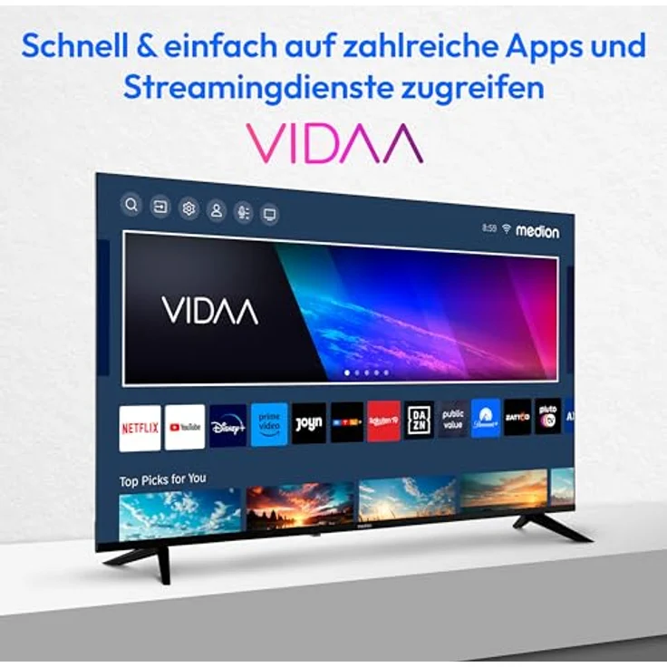 MEDION X14308 (MD 31640) 108 cm (43 Zoll) Fernseher (Smart-TV, 4K Ultra HD, HDR, VIDAA Store, Netflix, Prime Video, Disney+, DAZN, Paramount+, HbbTV, PVR, Bluetooth) in elegantem Schwarz – Bild 3