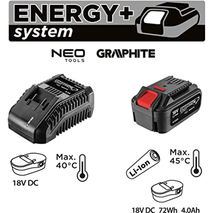GRAPHITE 4Ah Batterie mit Ladegerät E+ Kit: 58G004 (Energy+ 18V, Li-Ion 4.0Ah Akku), 58G002 (Energy+ Akku-Ladegerät, 2.3A) - Aufladung ohne Risiko eines Kapazitätsverlustes, 18V Spannung, Lithium-Ionen-Akku – Bild 2