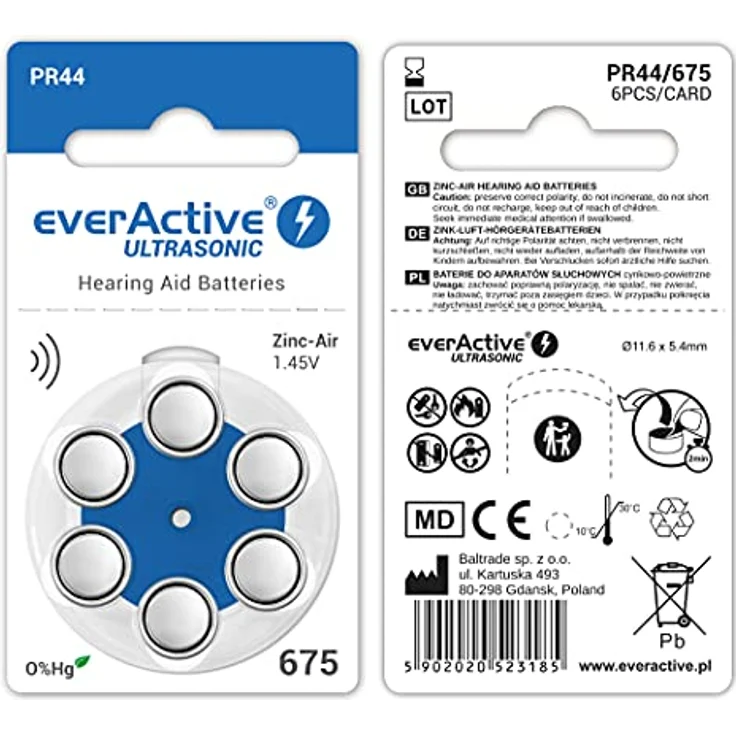 everActive 675, 60 Stück, Hörgerätebatterien, hohe Leistung, Zink-Luft-Batterien, 10 Blisterkarten, 4-jährige Haltbarkeit, blau, Ultrasonic PR44 – Bild 3