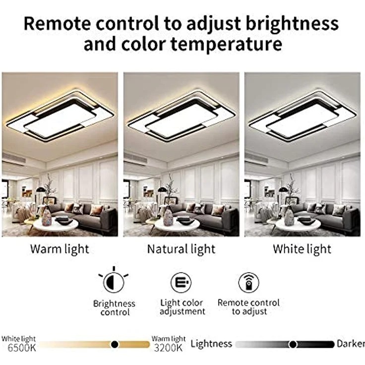 Natsen 150W LED Deckenleuchte Deckenlampe, dimmbar mit Fernbedienung, Moderne Lampe für Wohnzimmer Schlafzimmer Büro, Rechteckig Schwarz – Bild 3