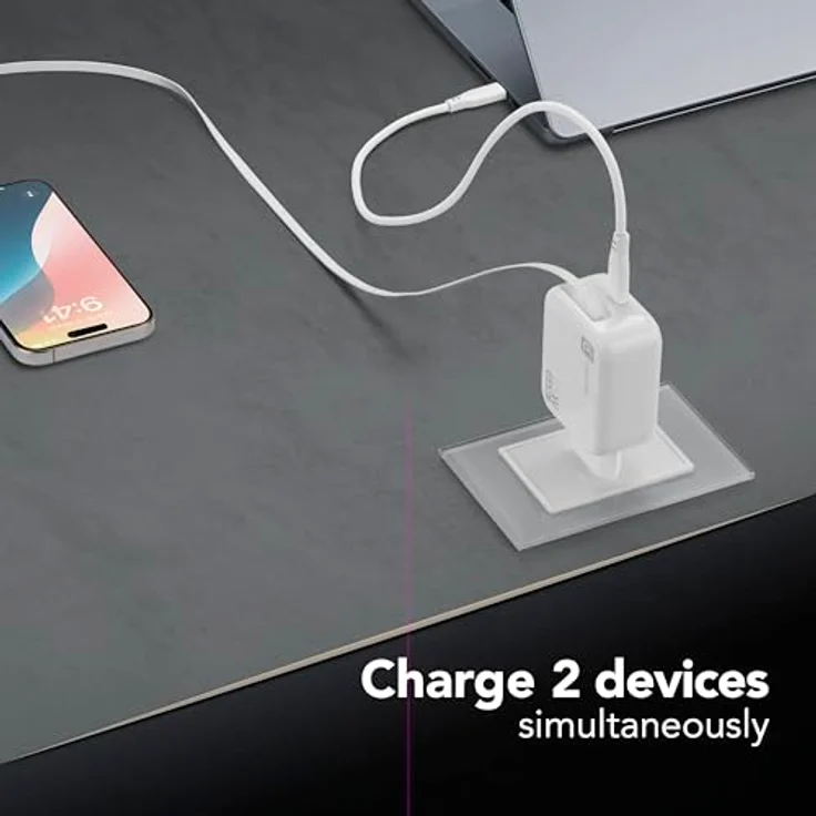 Cellularline 65W-Wandladegerät mit 90 cm einziehbarem USB-C-Kabel, GaN-Technologie, Doppeltem USB-C Power Delivery-Anschluss, Weiß – Bild 2