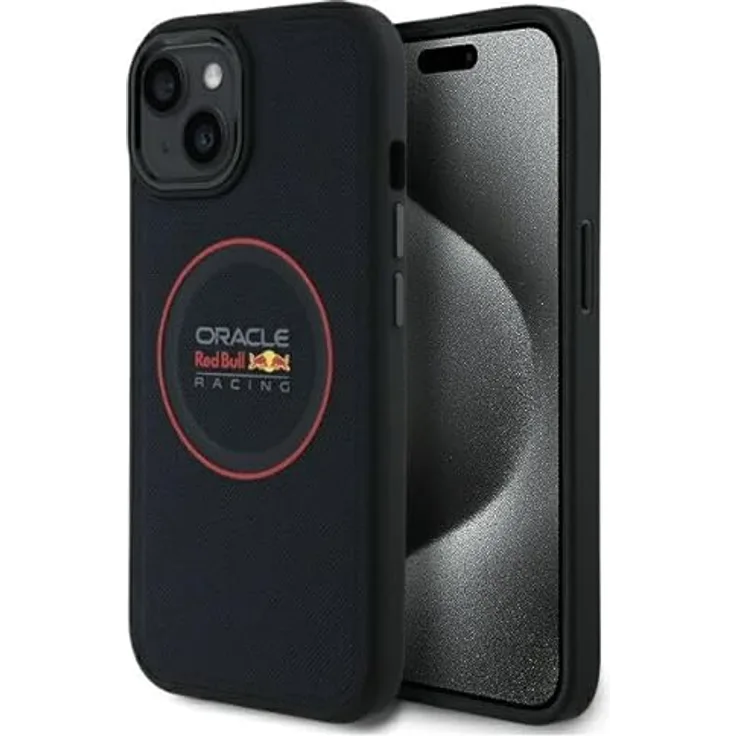 Red Bull RBHMP15S24PUILVR iPhone 15 6.1" Hardcase aus ökologischen Leder, navy mit rotem Ring, MagSafe kompatibel, Smartphone Hülle