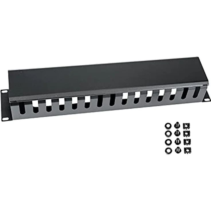 HMF 65452-02 Kabelmanagement mit Abdeckung für 19 Zoll Serverschrank, 2 HE, Schwarz, strukturiertes Kabelmanagement aus Stahlblech – Bild 1