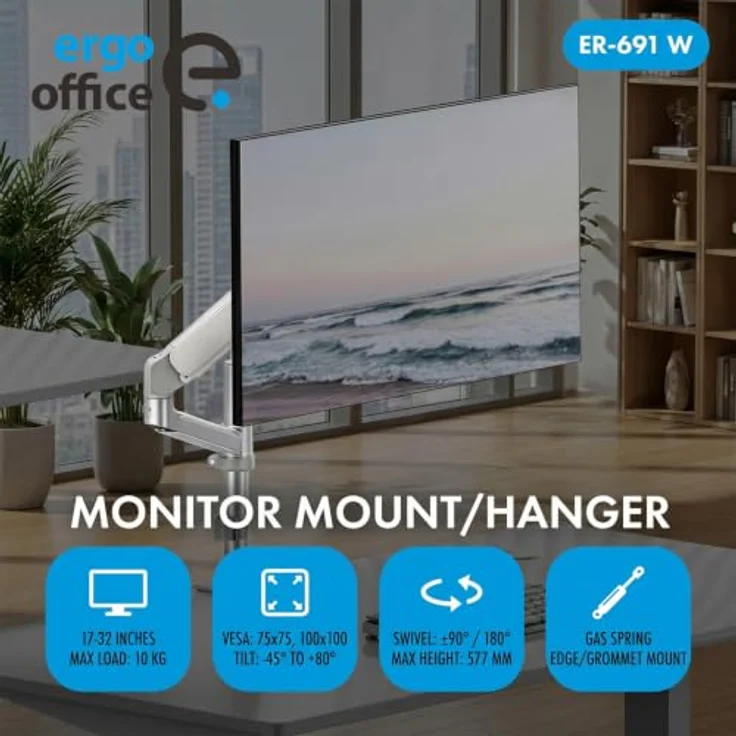 Ergo Office Monitor-Halterung ER-691, Gasfeder für 17–32 Zoll Monitore, VESA 100×100, max. Tragkraft 10 kg, stufenlose Höhenverstellung bis 577 mm – Bild 7