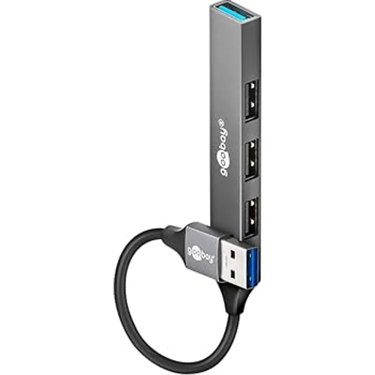 goobay 4-Port USB 3.2 Hub Slim/USB Mehrfachstecker / USB-A zu 4-Fach USB-A Multiport Adapter / Aluminiumgehäuse / 5 Gbit/s / Schwarz