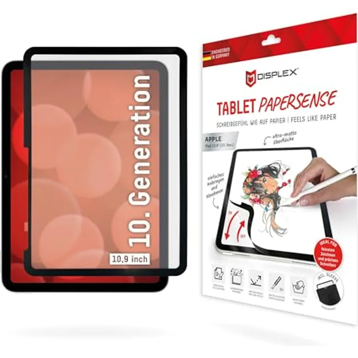 Displex TABLET PAPERSENSE für iPad 10,9'' (10. Gen.), wiederablösbare Schreibfolie und Zeichenfolie mit Paper Feeling für ein Schreibgefühl wie auf Papier, inkl. Filz-Schutzhülle