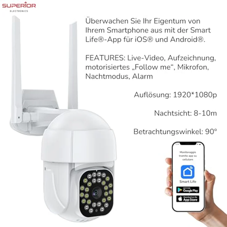 Superior Electronics SUPICM003, IP-Sicherheitskamera für draußen, kabellos, 1080p mit Nachtsicht, Schwarz/Weiß, Dome – Bild 2