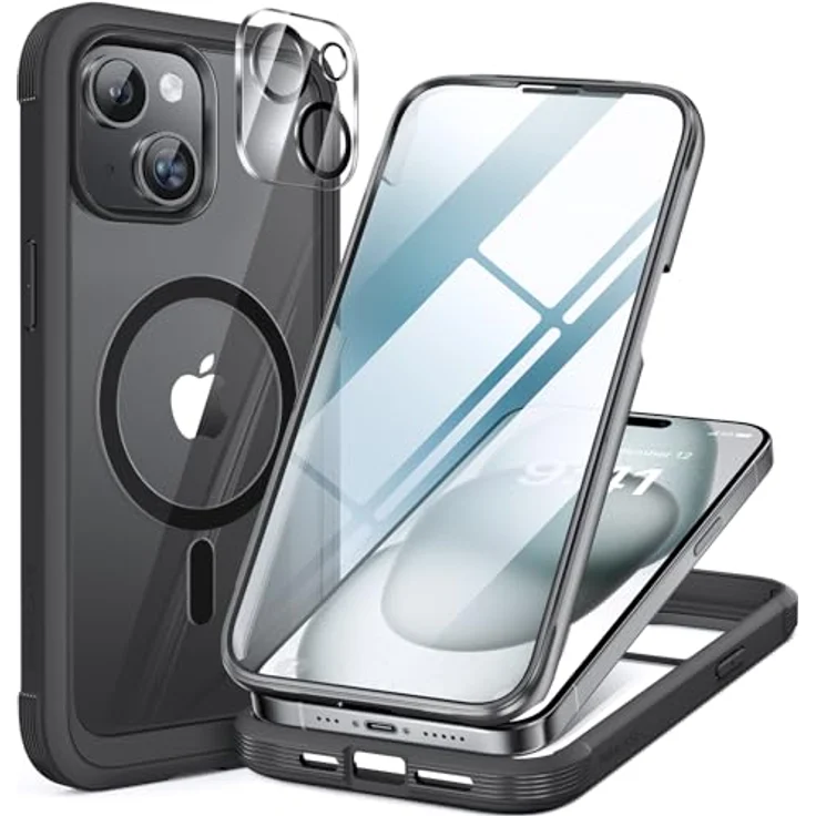 Miracase 360 Grad iPhone 15 Hülle mit Magsafe, Eingebautem 9H Glas Displayschutz, Komplettschutz und Stoßfestigkeit, Schwarz – Bild 1