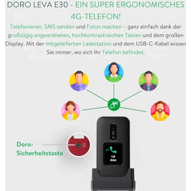 Doro Leva E30 4G Smartphone, Klappgehäuse, 2.8 Zoll Display, 0.3 MP Kamera, Single SIM, Schwarz-Weiß – Bild 4