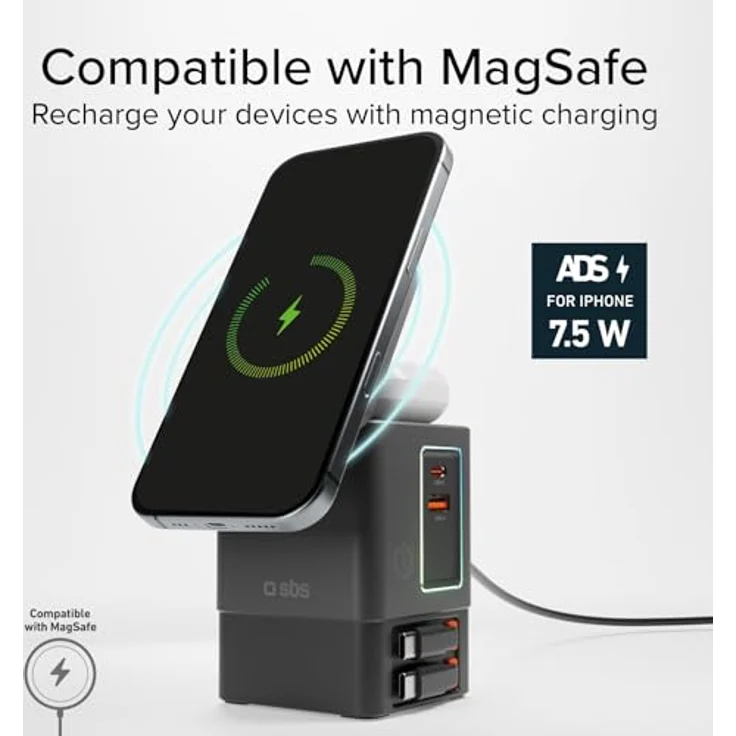 SBS Power Dock 6in1, 100 W USB-C Charging Station mit kabellosem Laden 15 W, kompatibel mit MagSafe, zwei einziehbaren Kabeln, Schwarz – Bild 4