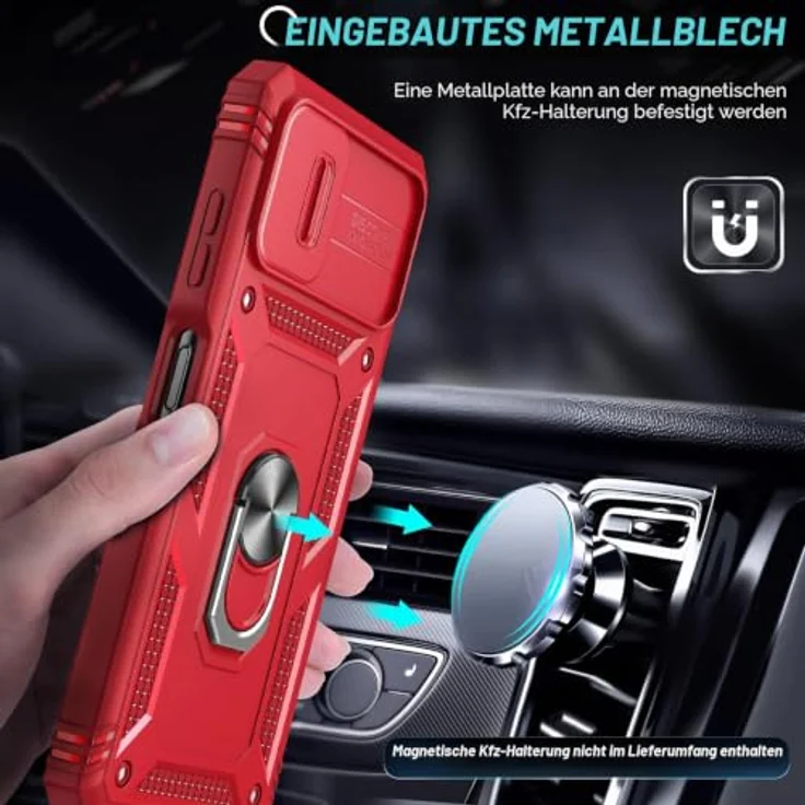 LeYi Kameraschieber Handyhülle für Samsung Galaxy A06, Militärschutz Case mit Schiebekamera Abdeckung und 360° Metallring, stoßfest, rot, inklusive 2 Displayschutzfolie Glas – Bild 4