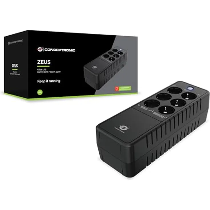 Conceptronic ZEUS09E 850 VA 490 W USV fürs Büro, 3 x Schuko mit Batterie- und Überspannungsschutz, 3 x Schuko mit Überspannungsschutz, RJ45 EIN-/Ausgang