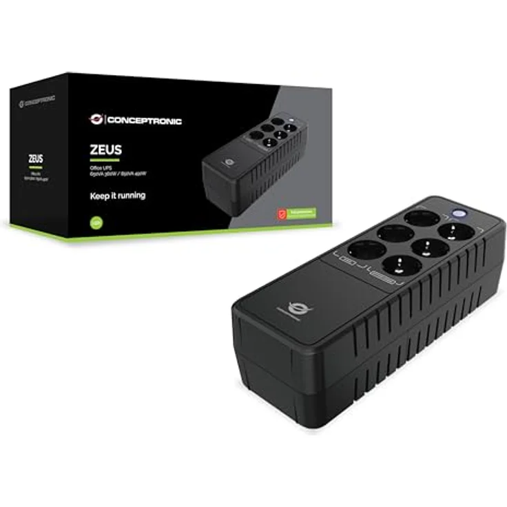 Conceptronic ZEUS09E 850 VA 490 W USV fürs Büro, 3 x Schuko mit Batterie- und Überspannungsschutz, 3 x Schuko mit Überspannungsschutz, RJ45 EIN-/Ausgang – Bild 1