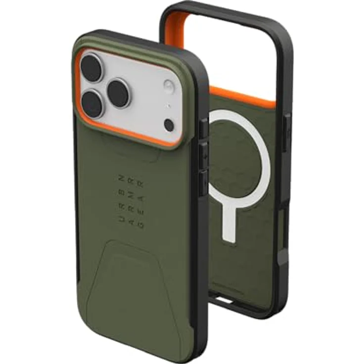 URBAN ARMOR GEAR Civilian MS Case für Apple iPhone 17 Pro Max, sturzfeste Hülle mit Wireless Charging, erhöhtem Rand und Wabenstruktur, Olive/pop orange – Bild 1