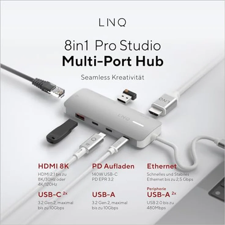Linq LINQ Connects 8-in-1 Pro Studio-C Multiport-Hub mit 100W Power Delivery, 8K HDMI, 2.5GbE Ethernet und 10Gbps USB-C, geeignet für Laptops und Tablets – Bild 2