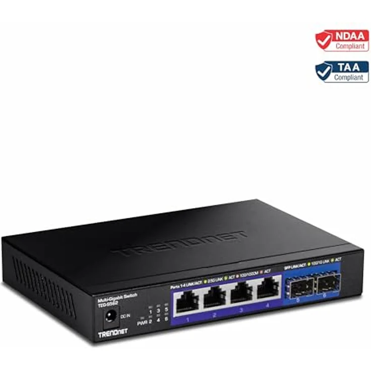 TRENDnet TEG-S562 6-Port Unmanaged Multi-Gig Switch, 4 x 2,5GBASE-T Ports, 2 x 10G SFP+ Ports Lüfterlos, kompaktes Desktop-Design, Metallgehäuse, Netzwerk-Ethernet-Switch, Schwarz – Bild 5