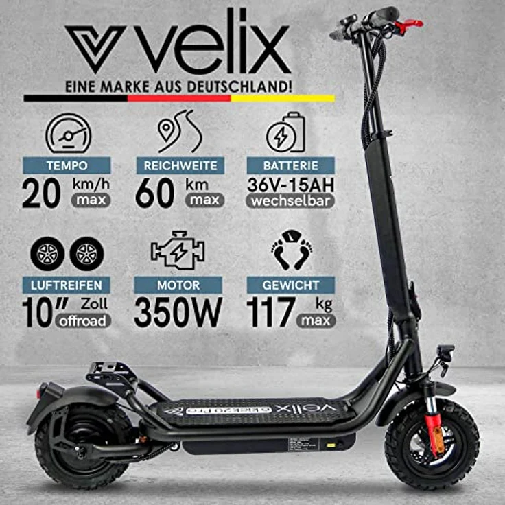 velix E-Kick 20 Pro E-Scooter mit ABE Straßenzulassung - Elektroroller 60km Reichweite 10" Luftreifen für Erwachsene bis 120 kg - wechselbarer Akku - verstellbare Lenkerhöhe Vollfederung LED-Licht – Bild 2