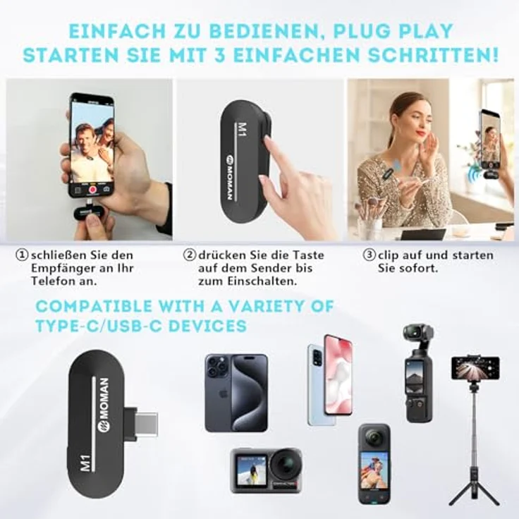 Moman CP1(C) Lavalier-Funkmikrofon, kabellos, 2.4GHz, Auto Noise Canceling, 120m Reichweite, geeignet für USB-C Smartphones, Tablets und Laptops – Bild 5