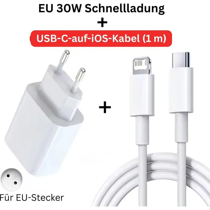 Montegoni 30W PD Schnellladegerät, USB C auf Lightning Kabel für iPhone 11, 12, 13 Pro Max und iPhone 14 Serie, weiß, kompaktes Design