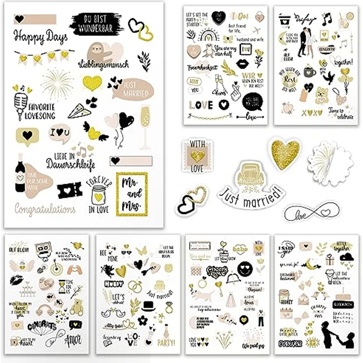 AMARI ® - Sticker Hochzeit [168 Motive] - Veredelte Hochzeit Aufkleber für Gästebuch, Fotoalbum, Geschenk - Hochzeitssticker mit viel Herz und Liebe - Wedding Set Liebe jga Herz
