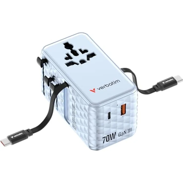 Verbatim Charge 'n' Travel 70W 2C, USB Ladegerät mit 2 Ports und Rückziehfunktion, Blau – Bild 1