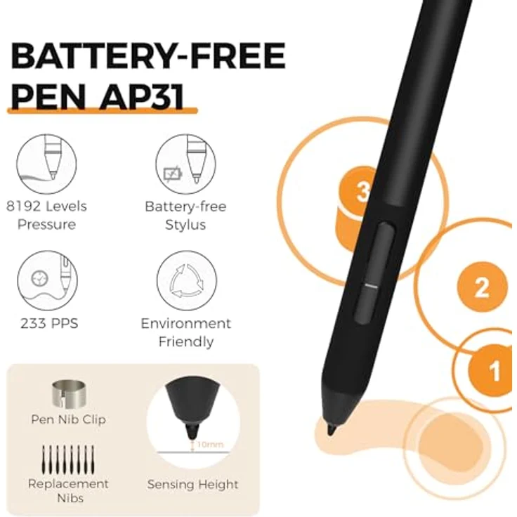 GAOMON M10K 2018 Stifttablett, 10 x 6,25 Zoll Grafiktablett mit 8192 Druckempfindlichkeitsstufen und batterielosem Stift, 10 anpassbare Hotkeys – Bild 4