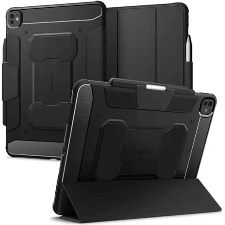 Spigen Rugged Armor Pro Hülle für iPad Pro 13 Zoll 7.Generation M4 (2024) - Schwarz, Stilvolles Design, Air Cushion Technologie und integrierter Ständer