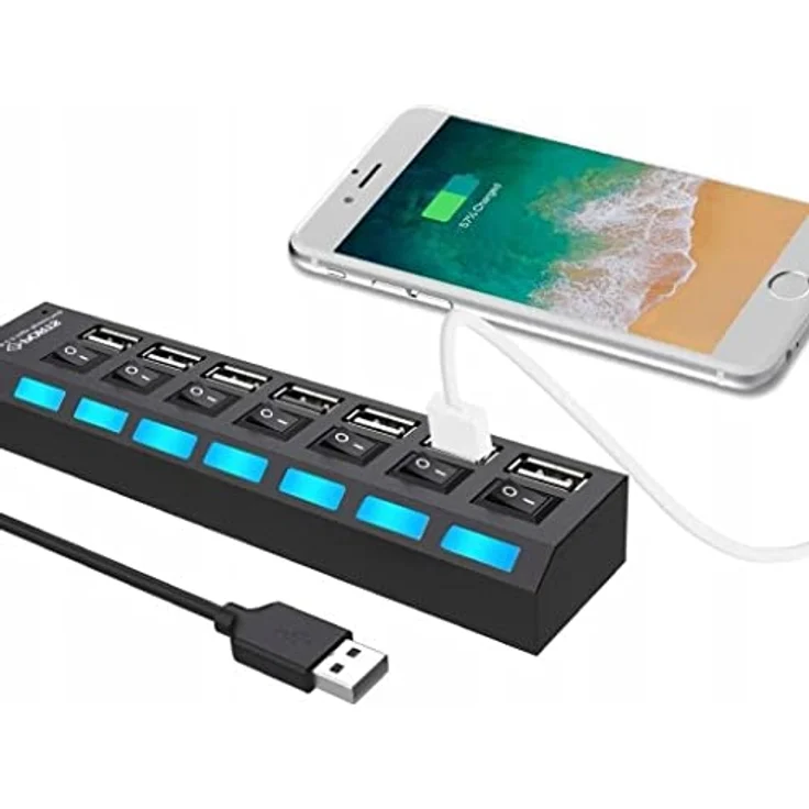 Retoo Hub USB 2.0 7 Port Adapter mit Power Schalter und LED - PC Laptop Powerbank USB Mehrfach Ports Verteiler mit Langes Kabel Multiport – Bild 3