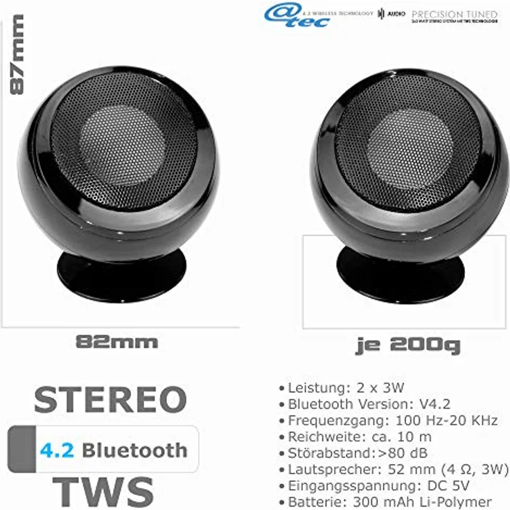 True Wireless Stereo Lautsprecher (Speaker) - TWS Mini drahtlose Musik Boxen - 2x3W Desktop Lautsprecher - HiFi Stereo Sound mit Lithium-Akku, tragbar, kabellos, portabel – Bild 3