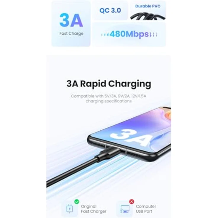 Ugreen 60118 USB-Kabel 2 m, USB 2.0, USB-C zu USB-A, Schwarz, schnelles Laden und Datenübertragung, langlebig – Bild 7