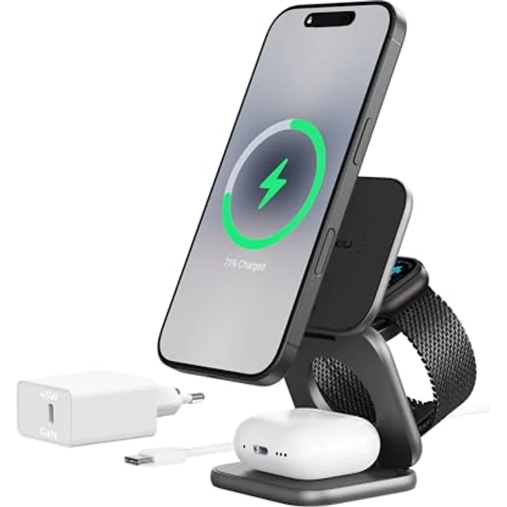 KU XIU X40 Turbo 3-in-1 Ladestation, 25W für iPhone 17/16/15/14/13/12, 5W für Apple Watch und AirPods, faltbares Aluminium-Design, grau, 45W GaN Adapter inklusive – Bild 1