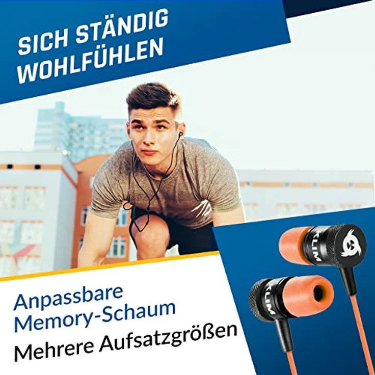 KLIM Fusion In-Ear Kopfhörer mit Mikrofon, Memory Foam, 3.5 mm Jack, langlebig und innovativ, orange – Bild 2