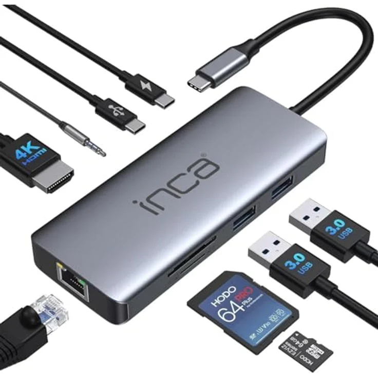 İnca ITPC-10TX 9 in 1 USB C Hub, Aluminium Docking Station mit 2 x USB 3.0, SD/TF Kartenleser, LAN 1000 Mbit/s, HDMI 4K@60Hz, 3.5mm Audio und PD100W für MacBook, Dell, Chromebook – Bild 1