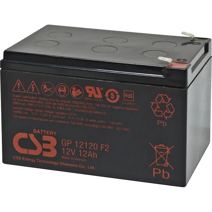 CSB Battery GP 12120F2, Bleiakku 12V 12Ah AGM für Standby-USV-Anwendungen, Flachstecker 6.35mm, (B x H x T) 151 x 100 x 98mm