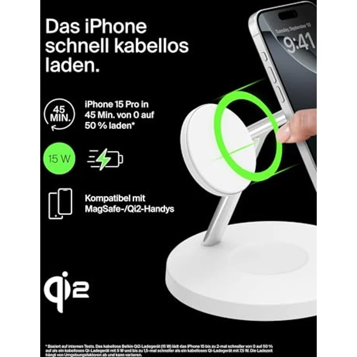 Belkin BoostCharge Pro Kabellose 3-in-1-Ladestation, 15 W Wireless Charger für iPhone, Apple Watch und AirPods, Qi2-Technologie – Bild 3