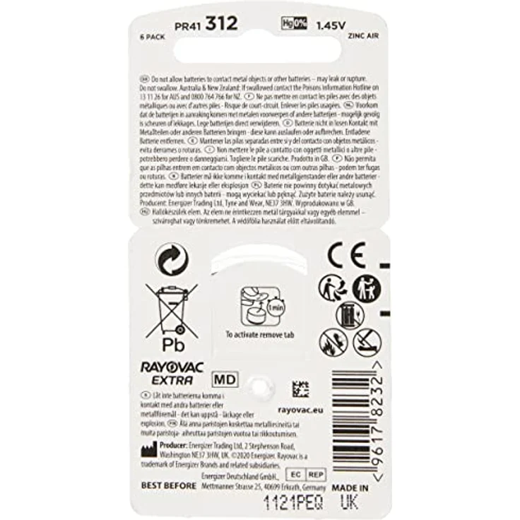 Rayovac PR41-312A, Zink-Luft Hörgeräte-Knopfzelle, 1,4 V – Bild 3