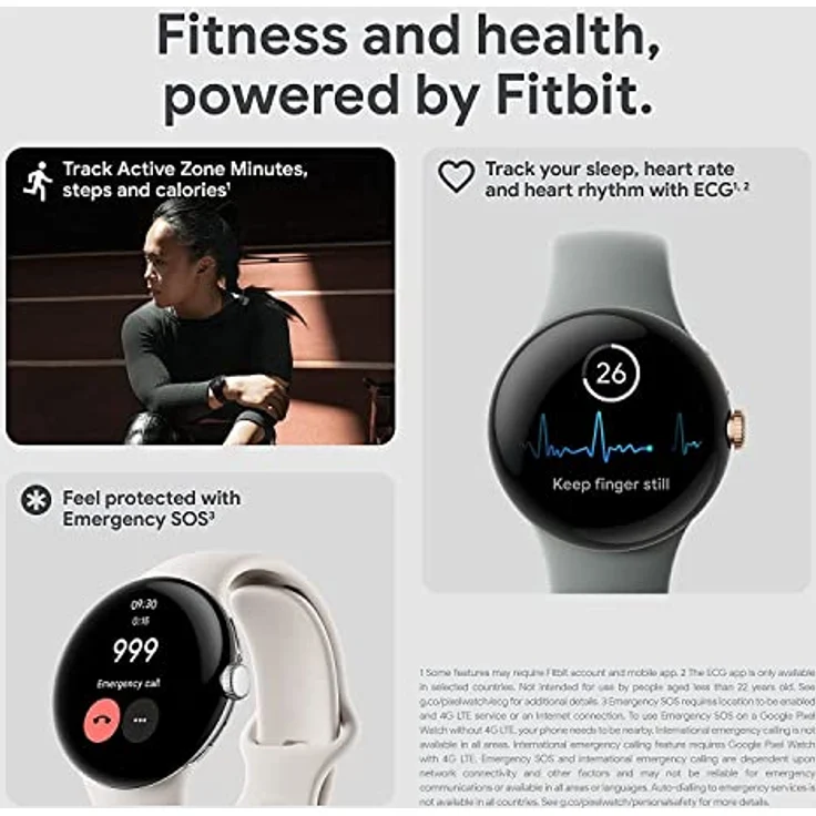 Google Pixel Watch, Android Smartwatch mit Aktivitätsverfolgung, Herzfrequenzmonitor, Gehäuse aus poliertem Silber, Charcoal Active Band, LTE, Einheitsgröße – Bild 2