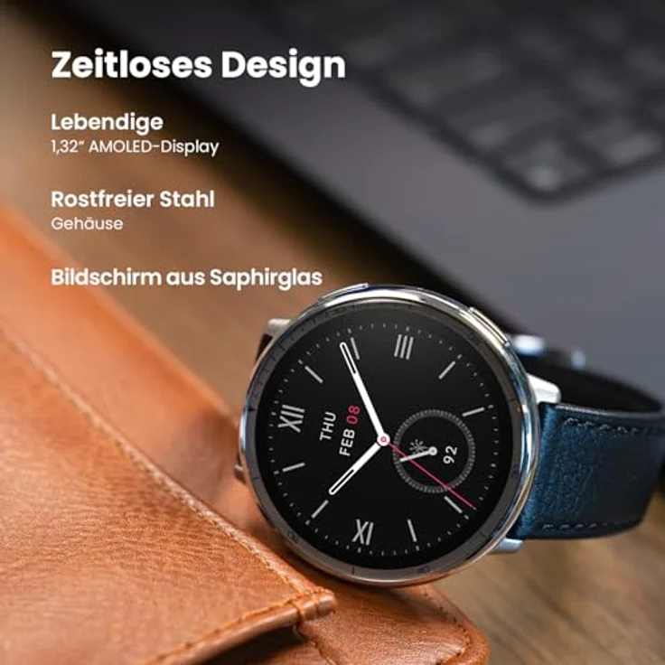 Amazfit Active 2 Premium – Edelstahl, schwarzes Lederarmband, 1,32" AMOLED, GPS, iOS & Android kompatibel, Unisex – Bild 3