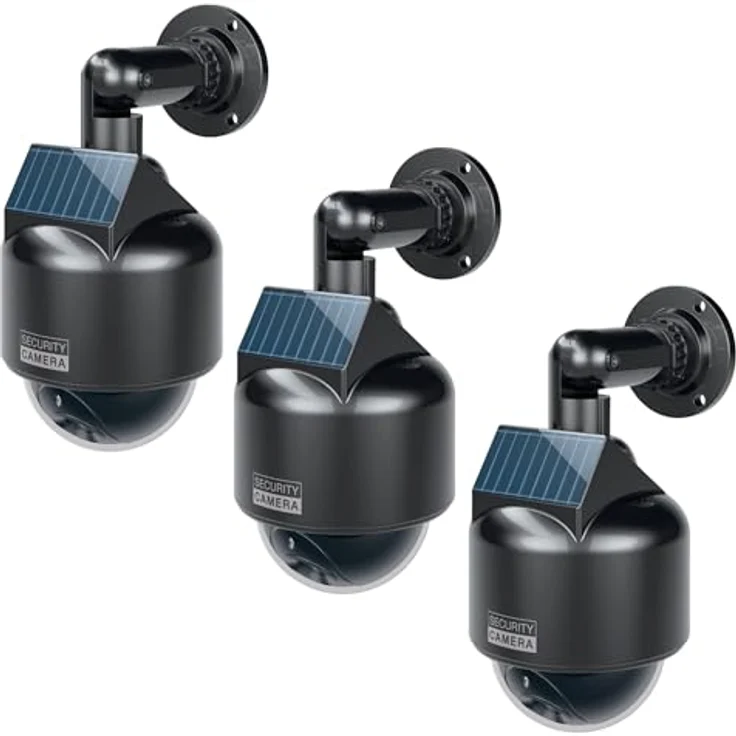 BASI Dummy Kamera Attrappe, Solarbetriebenes Spar-Set (3 Stück), IP23 geprüft, mit rotem Blinklicht – Bild 1