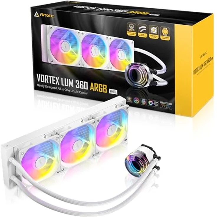 Antec Wasserkühlung AIO Vortex Lum+RGB 360mm Weiß - hängender Spiralpumpenkopf, 360-mm-Aluminiumradiator, PWM ARGB-Lüfter, breite Kompatibilität – Bild 2